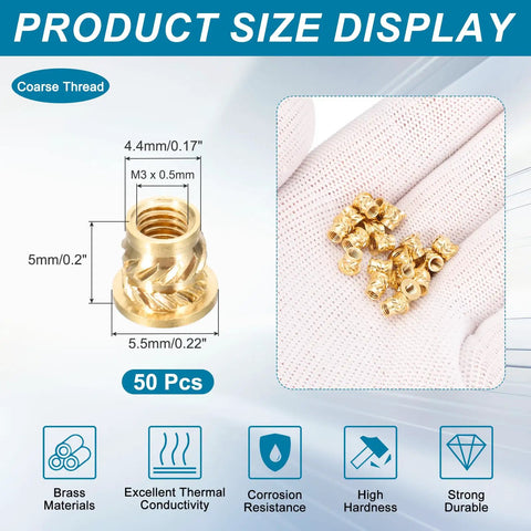 50 Pack M3 Heat Set Threaded Inserts Knurled Flange T Nuts Brass For Plastic And 3D Printing displayed with size and features.