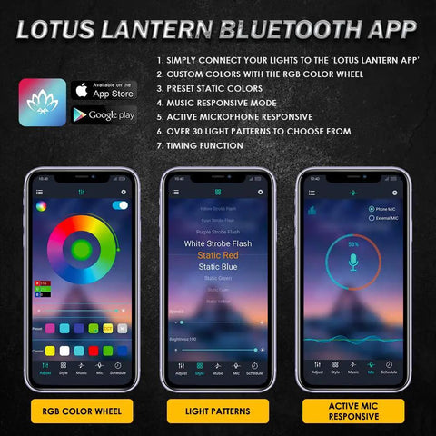 Lotus Lantern Bluetooth app screens for Dope Underglow LED Light Kit For Cars 4 Pieces RGB Neon Underside Lights with controls.
