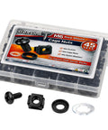 Complete 45 Sets M6 Rack Screws And Cage Nuts 180 Piece Pro Gear Server Rig Mounting Hardware Kit With Nylon And Quick Snap Black Cup Washers For Square Hole Rack Setup, sorted in a divided box.