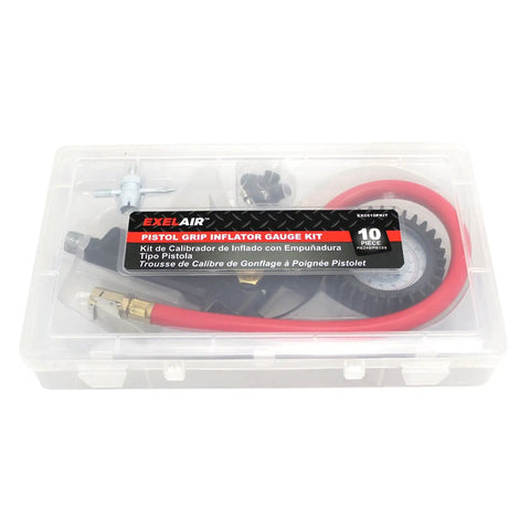 Packaging of Pistol Grip Tire Inflator Gauge Kit with One Quarter Inch Fittings Gauge Hose Chuck Deflate Button Valve Cores
