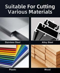 Mollom carbide hole saw with 2 pilot bits; collage showing four materials: stainless steel, alloy steel, plastic, wood.