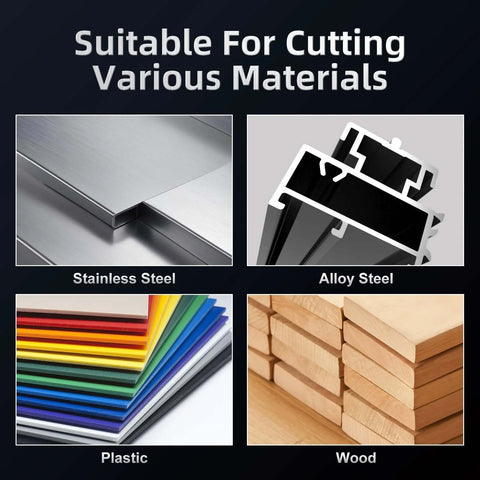 Mollom carbide hole saw with 2 pilot bits; collage showing four materials: stainless steel, alloy steel, plastic, wood.