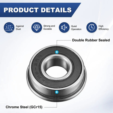 Four Pack Flanged Ball Bearings With Double Rubber Seals Three Eighths Inch Bore And Seven Eighths Inch Outer Diameter Chrome Steel Deep Groove Bearings For Wheelbarrows 3D Printers Fax Machines Power Tools And DIY Projects, chrome steel close-up