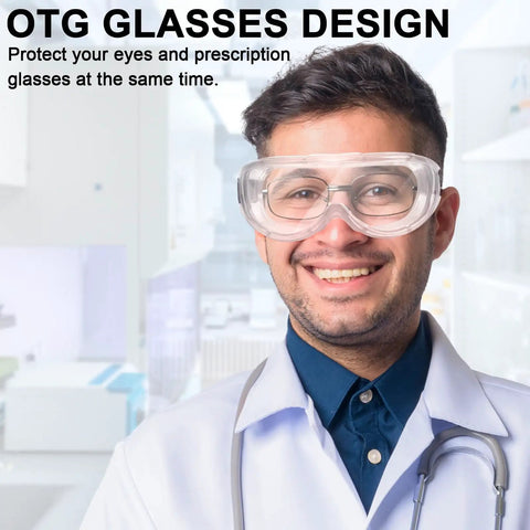 Person wearing Six Pack Anti Fog Safety Goggles For Lab And Industrial Use Adjustable Chemical Splash Eye Protection