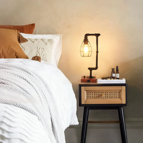 Stepless Dimmable Industrial Nightstand Lamp With Dual USB Ports, Edison Rustic Metal Pipe Look, 6W LED Bulb on bedside table