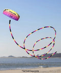 Synapse 140 Dual Line Parafoil Kite flying above a beach, colorful plasma design with long twisty tail, ideal for beginners.