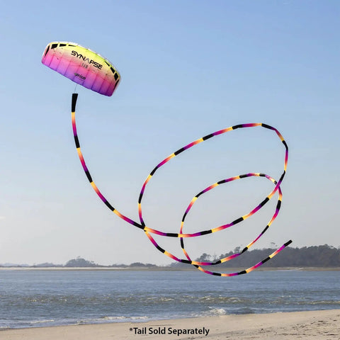 Synapse 140 Dual Line Parafoil Kite flying above a beach, colorful plasma design with long twisty tail, ideal for beginners.