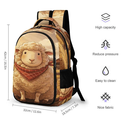 Plaid Bandana Farm Sheep Print Unisex Backpack With Large Capacity, showing sheep design and size dimensions, durable polyester