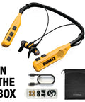 2 In 1 Neckband Bluetooth Headphones With Built In Speakers Around Neck Wearable Jobsite Audio Wireless Headset For Music And Calls 60 Plus Hours Battery Life All Day Comfort Plus Carry Pouch, yellow with accessories and pouch.