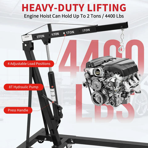 Badass Industrial Grade Hydraulic Engine Hoist Built To Move Four Thousand Four Hundred Pounds, showcasing adjustable load positions.
