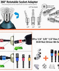 Pro Grade 31 Piece Flexible Drill Bit Extension Kit With 105 Degree Right Angle Attachments displayed with hex adapters.