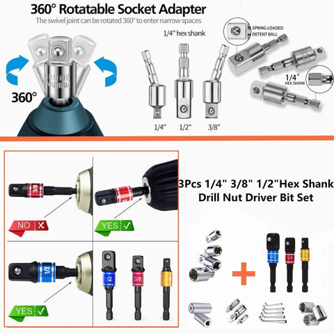 Pro Grade 31 Piece Flexible Drill Bit Extension Kit With 105 Degree Right Angle Attachments displayed with hex adapters.