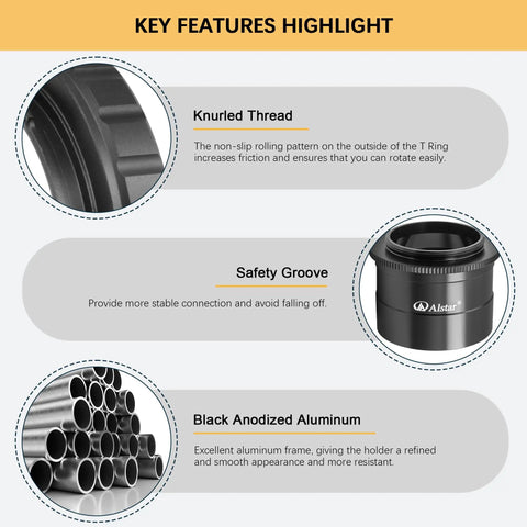Key features of M42 To 2 Inch Telescope Adapter T2 Mount Adapter For Nikon SLR DSLRs, showing knurled thread, safety groove, and aluminum.