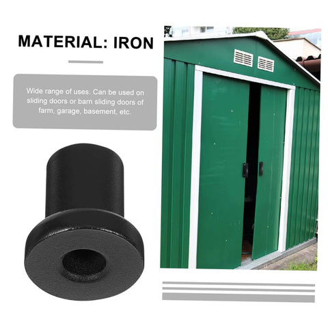 Iron spacer for sliding barn doors shown with a green metal shed, highlighting versatile use in barns and garages.