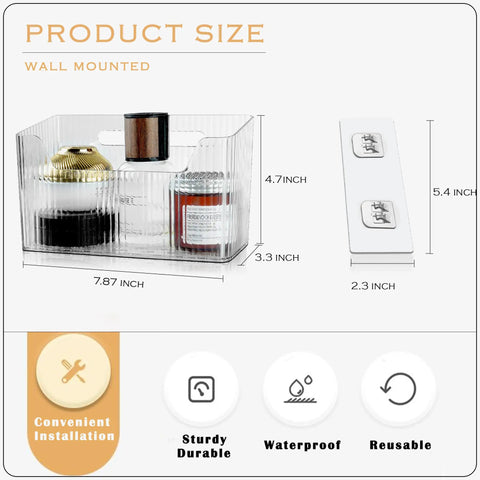 Two Pack Cabinet Door Organizer With No Fuss Adhesive Wall Mount Bins Clear Storage Caddies showing size and adhesive hooks