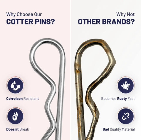Comparison of R Shaped Heavy Duty Cotter Pin Kit with other brands showing corrosion resistance and durability differences.