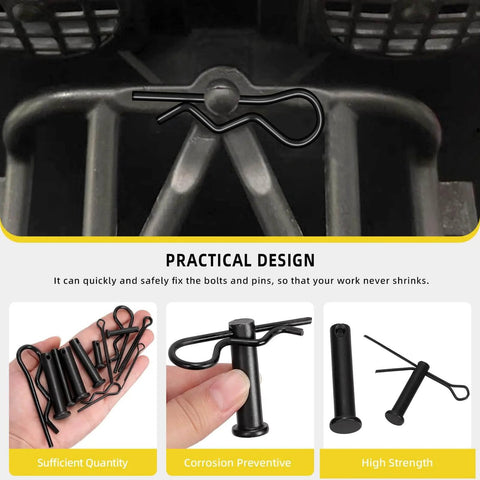 Carbon Steel Clevis Pin And R Clips Kit 100 Piece Assortment With 10 Sizes M5 M6 M8 shown installed and in hand