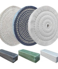 Badass 6 Piece 6 Inch Stainless Steel Buffing Wheel Kit For Bench Grinders With Half Inch Arbor Hole Plus Sisal Denim Cotton Wheels And 3 Heavy Duty Polishing Bars In Black Green White showing cotton buffing wheels and polishing bars.