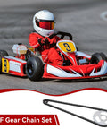 Child in red go-kart with Beefed Up High Power Steel T8F Chain And Sprocket Kit For Mini Bikes And Modified Karts Front And Rear Gear Chain Set 44T Rear Sprocket Durable Replacement For Mini Motorcycles And Go Kart Builds displayed below.
