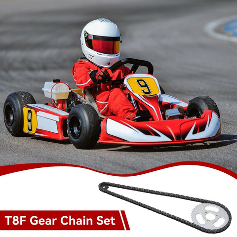 Child in red go-kart with Beefed Up High Power Steel T8F Chain And Sprocket Kit For Mini Bikes And Modified Karts Front And Rear Gear Chain Set 44T Rear Sprocket Durable Replacement For Mini Motorcycles And Go Kart Builds displayed below.