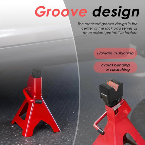 Universal Jack Stand Pads And Floor Jack Rubber Pad Kit, 7-Piece Combo, shown installed on a car frame rail.
