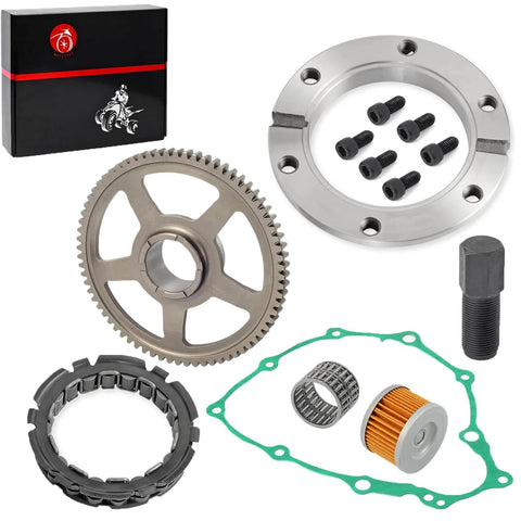 Beefed Up All In One Starter Clutch Kit With One Way Bearing Gear Idler Outer Clutch Gasket 72T Driven Gear Flywheel Puller Tool 20mm And Oil Filter For Honda Sportrax 400 TRX400EX TRX400X 1999 To 2014 components shown