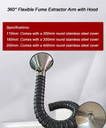 Kickass 360 Degree Swivel Fume Extractor Arm With Hella Tough Flexible Hose For Soldering Smoke Capture And Industrial Workshop Dust Management Setup Stainless Steel Nozzle with flexible hose and hood.