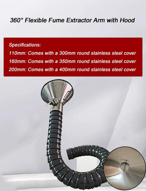 Shop Ready Welding Fume Extractor Arm With 360 Degree Articulated Flex Hose And Rust Proof Stainless Nozzle with hood, flexible design.