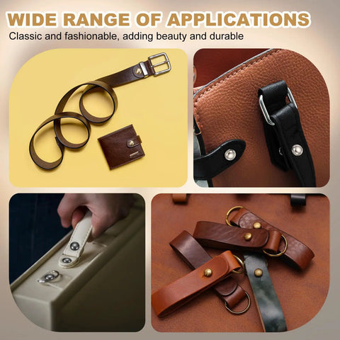 Rock Solid Gold Tone Leather Rivets With Ball Head Studs And Quick Spin Chicago Screws For Handbag Repair, showcasing various uses on belts and bags.