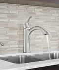 Refillable Kitchen Soap Dispenser With Above Sink Bottle In Spot Resist Stainless Finish next to faucet on kitchen sink
