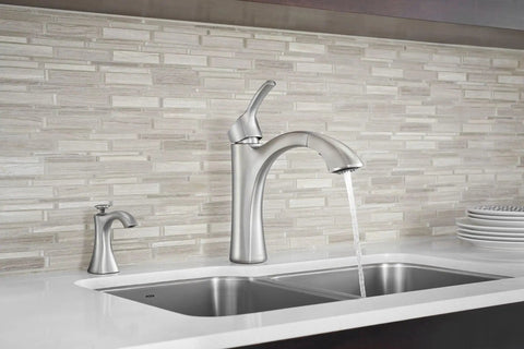 Refillable Kitchen Soap Dispenser With Above Sink Bottle In Spot Resist Stainless Finish next to faucet on kitchen sink
