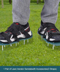 Person wearing Lawn Aerator Sandals Spiked Shoes For Yard Work, Soil Loosening Garden Tool With 3 Straps on grass