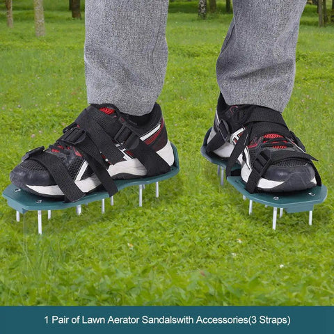 Person wearing Lawn Aerator Sandals Spiked Shoes For Yard Work, Soil Loosening Garden Tool With 3 Straps on grass