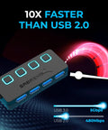 Four Port Powered USB 3.0 Hub With Individual LED Power Switches For Independent On Off Control Supports Up To 5Gbps High Speed Data Transfer Plug And Play Easy Expansion For Desktops Laptops And Notebooks, 4-port black USB hub