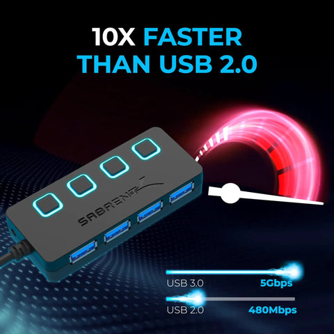 Four Port Powered USB 3.0 Hub With Individual LED Power Switches For Independent On Off Control Supports Up To 5Gbps High Speed Data Transfer Plug And Play Easy Expansion For Desktops Laptops And Notebooks, 4-port black USB hub