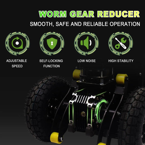 Worm gear reducer design features for electric stair climbing dolly cart, showcasing adjustable speed and high stability.
