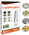 Upgraded 15mm Leather Snaps And Fasteners Kit, 40 Silver Snap Sets With Tools For Leather Crafting Garment Repair Fabric And DIY Projects Decor And Clothing Makeovers, packaging and contents displayed.