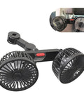 Dual Head Car Seat Headrest Fan With 360 Degree Rotating No Sweat USB Powered Silent Motor For Smooth Rear Passenger Comfort Solid Three Speed Adjustments For Chill Summer Road Trips view showing sleek black design and adjustable headrest attachment.