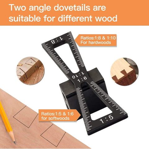 Spot On Accurate Dovetail Jig Wheel Marking Gauge With Micro Tweaks For Woodworking Scribing and Depth Check showing ratios for dovetail joints.