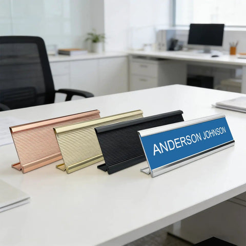 Textured Aluminum Name Plate Holders For Wall And Desk in black, silver, gold, rose gold on office desk angle view