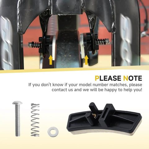 One Pair Replacement Brake Pads Kit For Indoor Bikes Compatible With IC Elite IC Pro DX900 Evolution Series Includes Felt Pads Screws And Springs Quiet Smooth Ride Easy Install shown with screws, spring, and instructional note