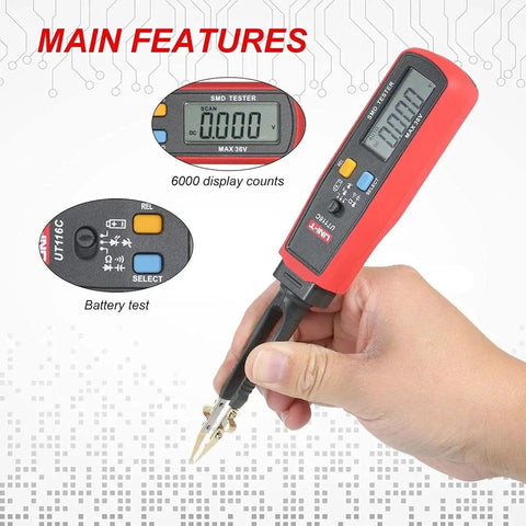 Hand holding UT116C SMD Tester For Resistors, Capacitors, Diodes, And RCDs With Auto Range LCD, showing main features and display.