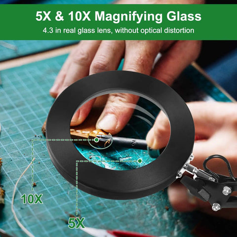 Hands using Desk Magnifier With Light And Stand Flexible Gooseneck Magnifying Lamp With 5X And 10X Lenses on crafting details.