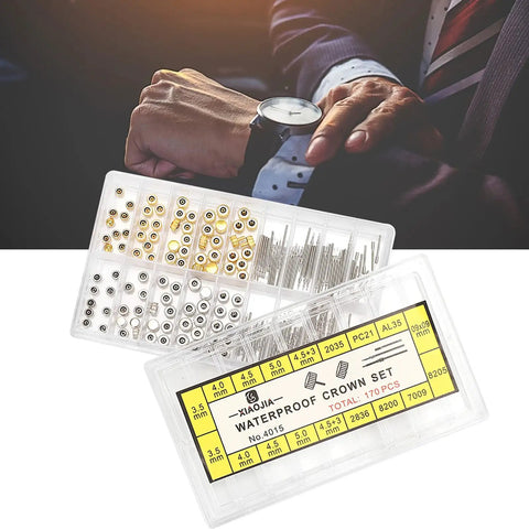 Stainless Steel Watch Stem Extender And Crowns Repair Kit With Box for Watch Makers And Repair Pros Durable Parts for Quick Easy Repairs and Long Lasting Performance displayed open.