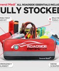 Front view of General Medi 127-Pieces Roadside Car Emergency Kit in red bag with jumper cables and first aid kit.