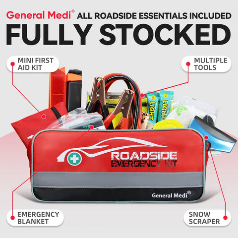 Front view of General Medi 127-Pieces Roadside Car Emergency Kit in red bag with jumper cables and first aid kit.