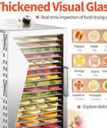 Straight Up Boss Stainless Steel Freeze Dryer With Twelve Sturdy Trays And Smart 12 Hour Timer showing colorful dried fruits inside.
