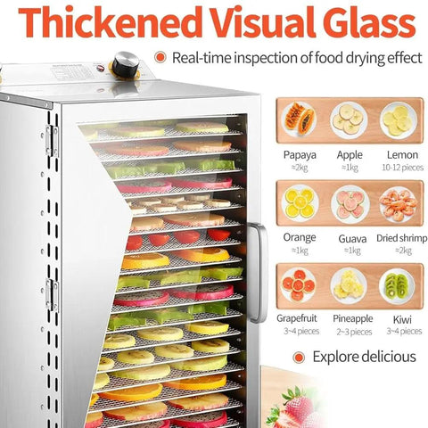 Straight Up Boss Stainless Steel Freeze Dryer With Twelve Sturdy Trays And Smart 12 Hour Timer showing colorful dried fruits inside.
