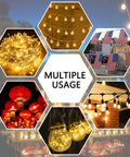 Multiple uses of Beefy 100 Inch Outdoor String Light Poles for garden, patio, and wedding decor, showcasing various lighting styles.