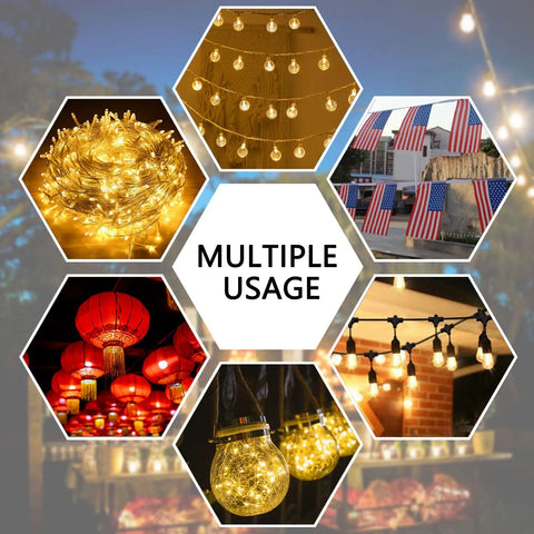 Multiple uses of Beefy 100 Inch Outdoor String Light Poles for garden, patio, and wedding decor, showcasing various lighting styles.